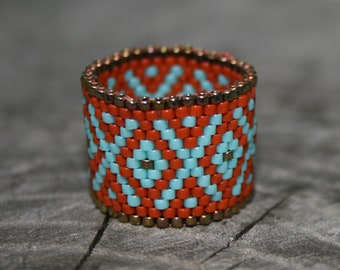 turquoise glass ring, terracotta ring beaded native SEED BEAD band woven  BEADWORK art ring for her, statement victorian ring, handmade gift