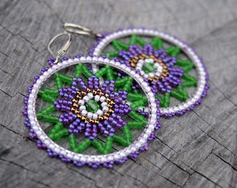 mandala earrings, victorian earrings, beaded earrings, hoop earrings, seed beads earrings, beadwoven earrings, beadwork, dangle earrings