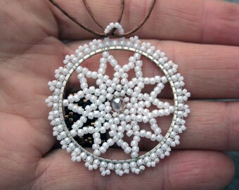 white mandala necklace, white necklace seed bead necklace, mandala pendant, beadwork, rosette pendant, handmade gift, beaded white necklace