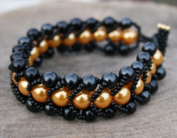 Black bracelet golden bracelet beadwoven bracelet beaded | Etsy