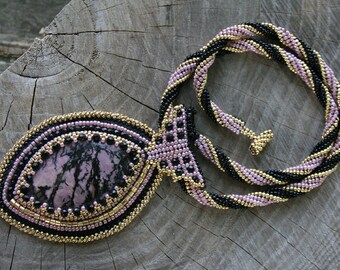 rhodonite necklace, embroidered pink pendant, seed bead beaded gemstone necklace, beadwork beadwork art, gothic victorian necklace for her