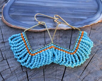 range blue orange fringe victorian beaded earrings, boho earrings, seed beads earrings, beadwoven earrings, beadwork, dangle earrings