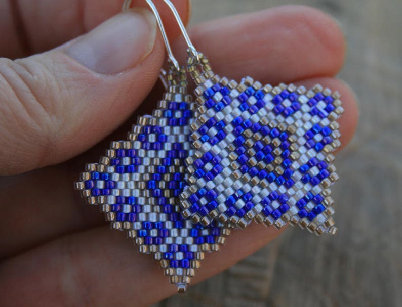 blue EARRINGS WHITE earrings geometric earrings diamond earrings native earrings beaded earrings dangle seed bead earrings handmade gift image 2