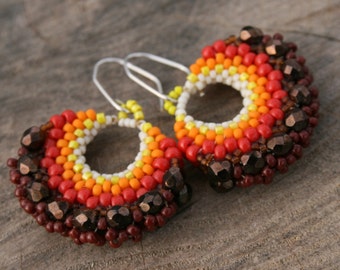 hoop brown earrings, dangle orange earrings statement earrings beaded earrings seed beads beaded red orange earrings, boho handmade beadwork