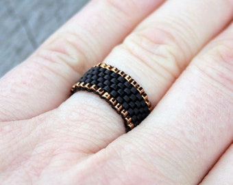 black and gold glass ring, black ring beaded native SEED BEAD band woven  BEADWORK art ring for her, statement victorian ring, handmade gift