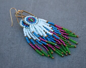 mandala earrings, victorian earrings, beaded earrings, hoop fringe seed beads earrings, beadwoven earrings, beadwork, dangle earrings