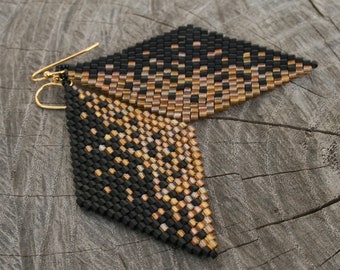 Long black EARRINGS golden earrings geometric earrings diamond earrings native earrings beaded dangle seed bead earrings handmade gift