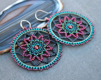 mandala earrings, victorian earrings, beaded earrings, hoop earrings, seed beads earrings, beadwoven earrings, beadwork, dangle earrings