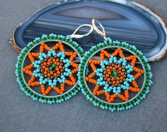 mandala earrings, victorian earrings, beaded earrings, hoop earrings, seed beads earrings, beadwoven earrings, beadwork, dangle earrings