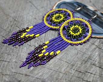 mandala earrings, victorian earrings, beaded earrings, hoop fringe seed beads earrings, beadwoven earrings, beadwork, dangle earrings