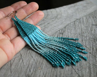 CHANDELIER EARRINGS victorian  DANGLE earrings statement  long seed beads beaded fringe blue earrings fringe earrings, boho