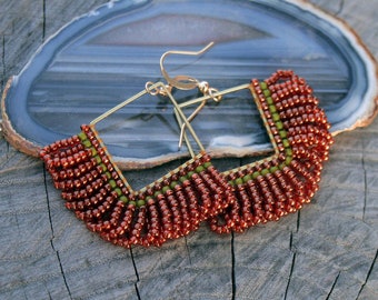 range copper, green, orange victorian beaded earrings, boho earrings, seed beads earrings, beadwoven earrings, beadwork, dangle earrings