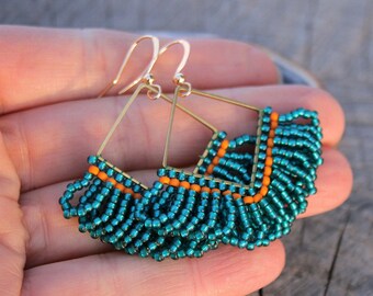 range teal blue orange fringe victorian beaded earrings, boho earrings, seed beads earrings, beadwoven earrings, beadwork, dangle earrings