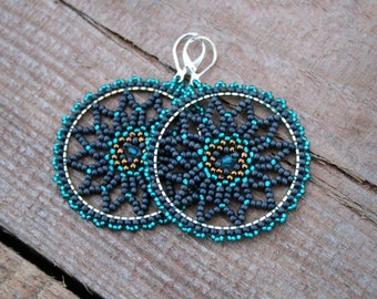 mandala earrings, victorian earrings, beaded earrings, hoop earrings, seed beads earrings, beadwoven earrings, beadwork, dangle earrings