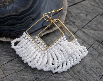range white, golden white victorian beaded earrings, boho earrings, seed beads earrings, beadwoven earrings, beadwork, dangle earrings