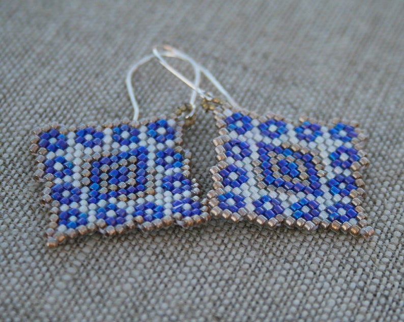 blue EARRINGS WHITE earrings geometric earrings diamond earrings native earrings beaded earrings dangle seed bead earrings handmade gift image 6