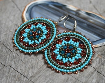 mandala earrings, victorian earrings, beaded earrings, hoop earrings, seed beads earrings, beadwoven earrings, beadwork, dangle earrings