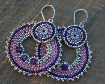 pink earrings, victorian earrings, beaded earrings, hoop earrings, seed beads earrings, beadwoven earrings, beadwork, dangle earrings