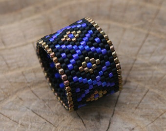 navy blue glass ring, black ring beaded native SEED BEAD band woven  BEADWORK art ring for her, statement victorian ring, handmade gift