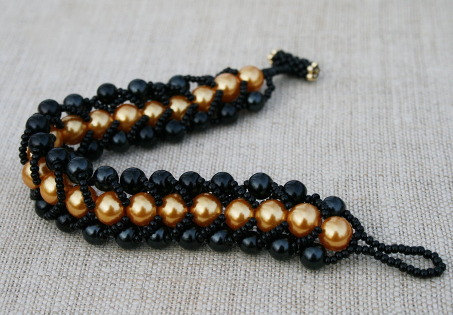 Black bracelet golden bracelet beadwoven bracelet beaded | Etsy