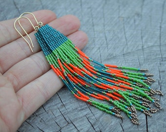 CHANDELIER EARRINGS victorian  DANGLE earrings statement  long seed beads beaded fringe blue earrings fringe earrings, boho