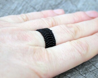 black glass ring, black ring beaded native SEED BEAD band woven  BEADWORK art ring for her, statement victorian ring, handmade gift
