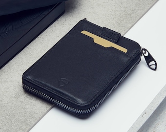 Vaultskin NOTTING HILL Minimalist Leather Zipper Wallet. Slim Multi Card Holder with RFID Blocking