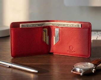 Slim Leather Bifold Wallet, RFID-Blocking Minimalist Card Holder - Manhattan (Red)