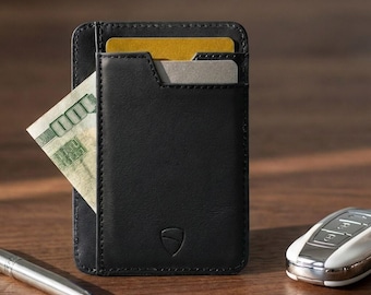 Slim Leather Card Holder with Clear ID Window, RFID-Blocking - Brixton (Jet Black)