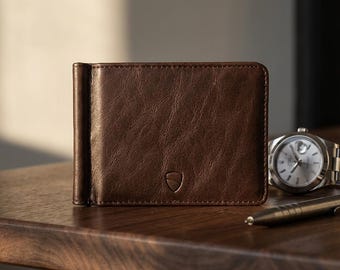 Leather Money Clip Wallet, Slim RFID-Blocking Front-Pocket Card Holder - Brompton (Brown)