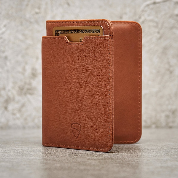 Slim Minimalist Bifold Wallet. Credit Card Holder with RFID Blocking. Ideal for Front Pocket - Vaultskin CITY (Cognac)