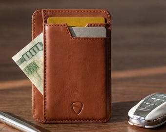 Slim Leather Card Holder with Clear ID Window, RFID-Blocking - Brixton (Chestnut Brown)