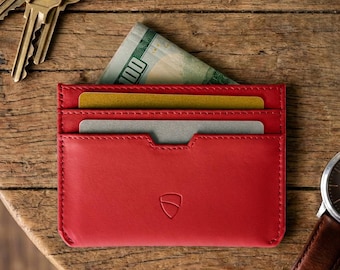 Minimalist Leather Card Holder, RFID Blocking Wallet - Moorgate (Crimson Red)