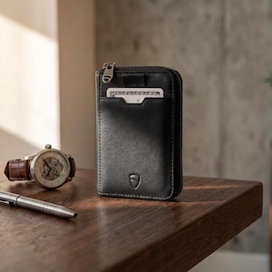 Minimalist Leather Zipper Wallet, Slim RFID-Blocking Card Holder - Notting Hill (Black)