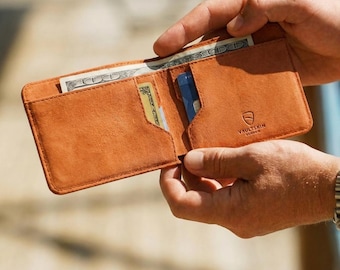 Slim Leather Bifold Wallet, RFID-Blocking Minimalist Card Holder - Manhattan (Amber)