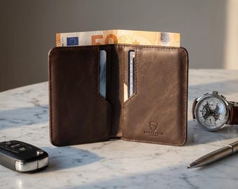 Slim Leather Bifold Wallet, RFID-Blocking Minimalist Card Holder for EUR & GBP - City (Brown)