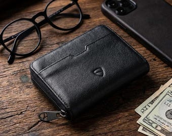Leather Zipper Wallet, Slim RFID-Blocking Card Holder with Coin Pocket - Mayfair (Black)