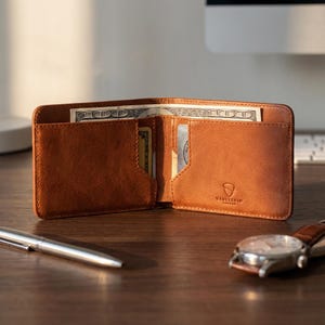 Smalle leren portemonnee, RFID-blokkerende minimalistische kaarthouder - Manhattan (cognac)