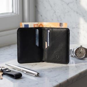 Smalle leren portemonnee, RFID-blokkerende minimalistische kaarthouder voor EUR en GBP - stad (zwart)