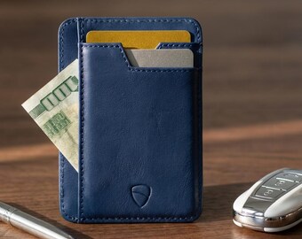 Slim Leather Card Holder with Clear ID Window, RFID-Blocking - Brixton (Royal Blue)