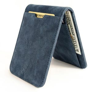Carteira dobrável fina em couro, porta-cartões minimalista com bloqueio RFID - Manhattan (Conhaque) Midnight Teal