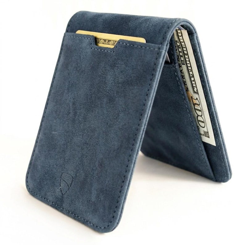 Carteira dobrável fina em couro, porta-cartões minimalista com bloqueio RFID - Manhattan (Conhaque) Midnight Teal
