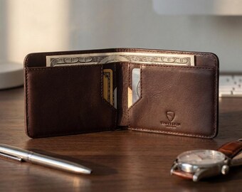 Slim Leather Bifold Wallet, RFID-Blocking Minimalist Card Holder - Manhattan (Brown)