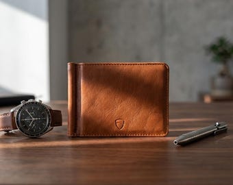 Leather Money Clip Wallet, Slim RFID-Blocking Front-Pocket Card Holder - Brompton (Cognac)