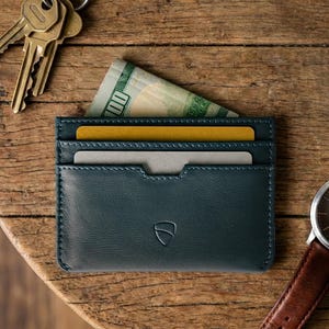 Tarjetero minimalista de piel con bloqueo RFID - Moorgate (azul marino medianoche)