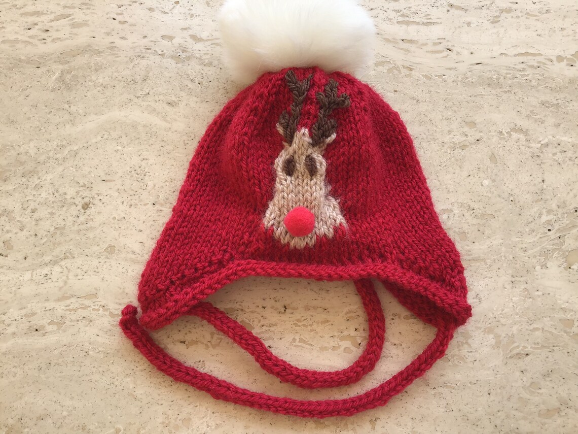Knitted Baby Hat Baby Reindeer Hat Unisex Baby Hat With Tie Etsy