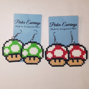Super Mario Mushroom Perler Earrings - Stainless Steel Ear Loops - Princess Peach / Bowsette Jewelry