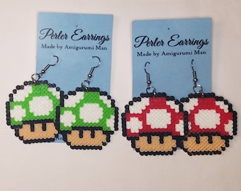 Super Mario Mushroom Perler Earrings - Stainless Steel Ear Loops - Princess Peach / Bowsette Jewelry