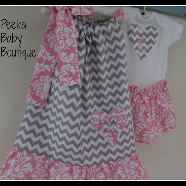 Coordinating Sister Outfit  (in grey chevron and pink damask)