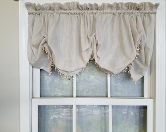 Linen sheer balloon valance with seashell trim